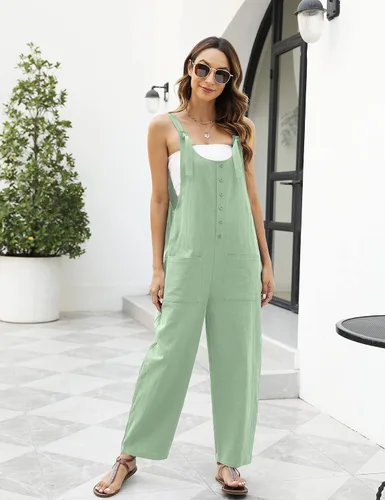 Vista 5 de Omoone Overol de algodón y lino para mujer, estilo casual, con tirantes de corbata, pechera, holgado, pierna ancha con bolsillos