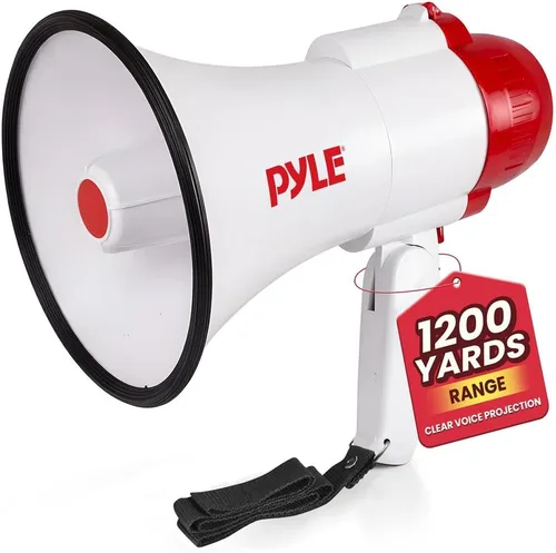 Vista 10 de Pyle Megáfono compacto con batería con sirena, 30 W de potencia, micrófono, 2 modos, sonido PA, megáfono, rango de 1200 yardas, mango plegable
