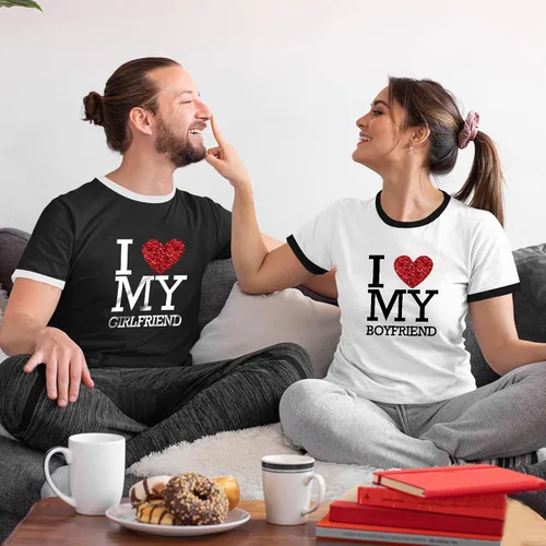 Vista 6 de TSIPR Camiseta I Love My Girlfriend GF con texto en inglés "I Love My Boyfriend BF con purpurina y corazón a juego para parejas, regalos del día