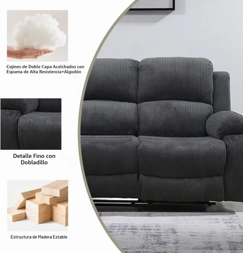 Vista 6 de Juego de sofá reclinable manual de 3 piezas, sofá reclinable de pana para sala de estar Gris oscuro