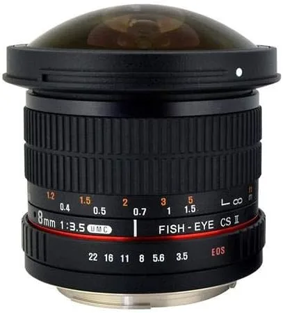 Vista 5 de Rokinon HD8M-C - lente de ojo de pez con capucha desmontable, 8 mm f/3.5 HD para Canon DSLR 8-8mm, lente fijo sin zoom, negro