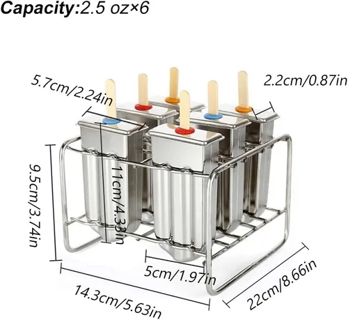 Vista 2 de Molde de paletas de acero inoxidable 304 con base de soporte, 6 unidades DIY Casero Frozen Lolly Maker, Molde de Palillo de Helado de Fruta, Molde