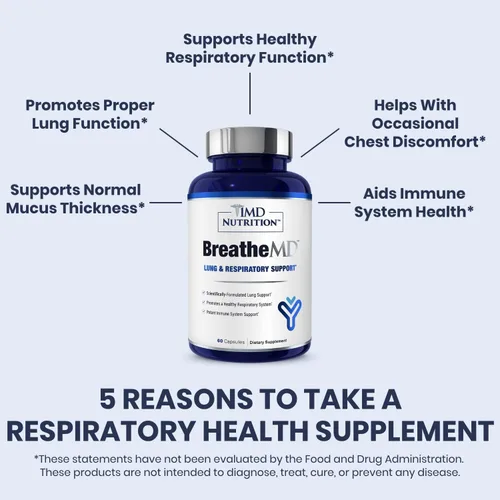 Vista 3 de 1MD Nutrition BreatheMD Suplemento de apoyo pulmonar y respiratorio Promueve un sistema inmunológico saludable con saúco, cromo y NAC 60