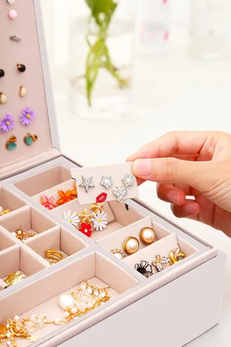 Vista 4 de QBestry Organizador de aretes de tuerca para niñas, caja organizadora de joyas, caja de aretes para niñas, caja de joyería para niñas, organizador