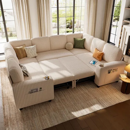 Vista 53 de LINSY HOME Sofá cama modular extraíble para sala de estar (beige, sofá cama 1) Sofá cama extraíble, almacenamiento, carga USB, portavasos, pana