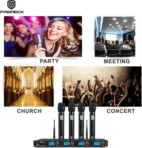 Vista 6 de PRORECK MX44 Sistema de micrófono inalámbrico UHF de 4 canales con 4 micrófonos de mano Máquina de karaoke