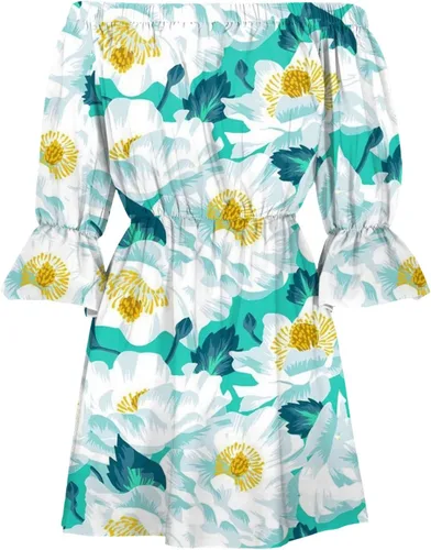 Vista 4 de Ceboyel Vestido de verano hawaiano con hombros descubiertos para mujer, vestido bohemio con volantes, vestido de playa, sexy, casual, tropical, ropa