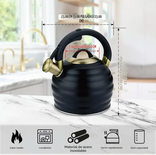Vista 5 de Tetera de Té para Estufa Superior con Silbato, Tetera de 3.2 Quarts de Acero Inoxidable con Asa Ergonómica Resistente al Calor