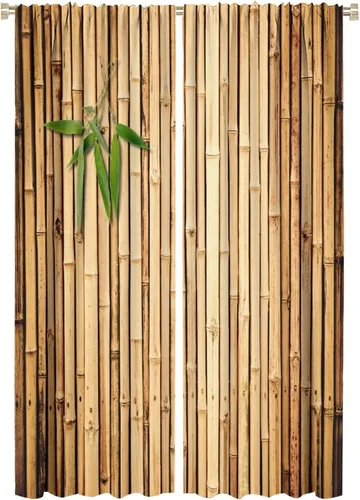 Vista 42 de Cortinas con estampado de bambú, tallos y hojas de bambú, temática oriental natural, oscurecimiento de habitación, ventana, ventana, cortina