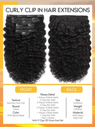 Vista 5 de Extensiones de cabello humano Remy rizado birmano con clip, color negro #1B Natural negro