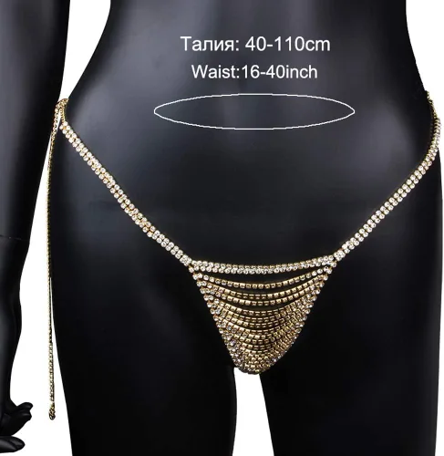 Vista 4 de Tanga sexy de Rhinstone para mujer cadena de cristal para el cuerpo joyería de bikini de cristal para el vientre y la cintura dorado