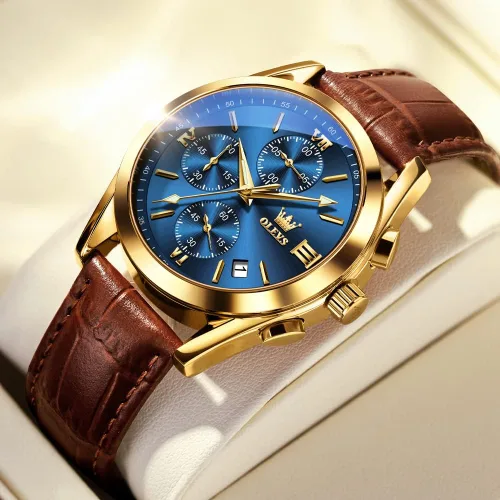 Vista 4 de OLEVS Reloj cronógrafo de cuarzo para hombre correa de cuero dorada con fecha de día reloj de pulsera de acero inoxidable impermeable relojes