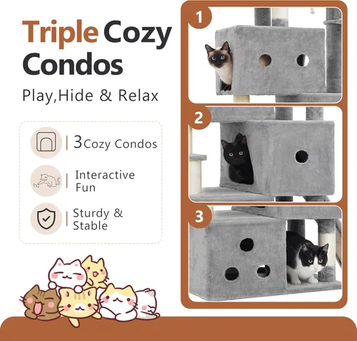 Vista 2 de Heybly Árbol para gatos, torre aerodinámica de 74 pulgadas para gatos grandes con condominios apilados de 3 niveles, muebles para gatos con percha