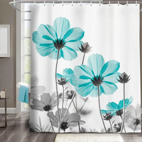 Vista 41 de MERCHR Cortina única floral azul para decoración de baño, cortina de ducha estilo granja con flores de margarita azul y gris elegantes y diseño