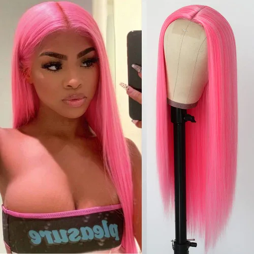 Vista 27 de QD-Tizer Pelucas sintéticas de color rubio ceniza con flequillo, pelucas de cabello largo y lacio, sin pegamento, pelucas sintéticas sin encaje