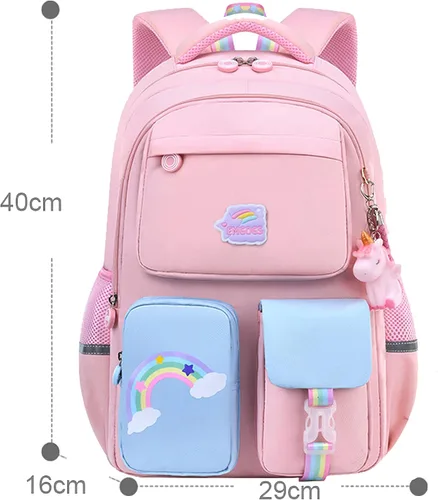 Vista 3 de Juego de mochila de unicornio para niña, mochila escolar para niños, bonita mochila escolar para niña, con lonchera y estuche para lápices, rosa
