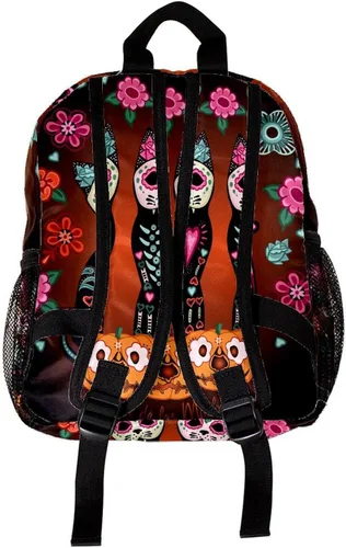 Vista 2 de Eqiaoqukey - Mochila ligera para el día de los muertos, diseño de calavera de azúcar y calabaza, mochila pequeña informal para viajes con bolsillos