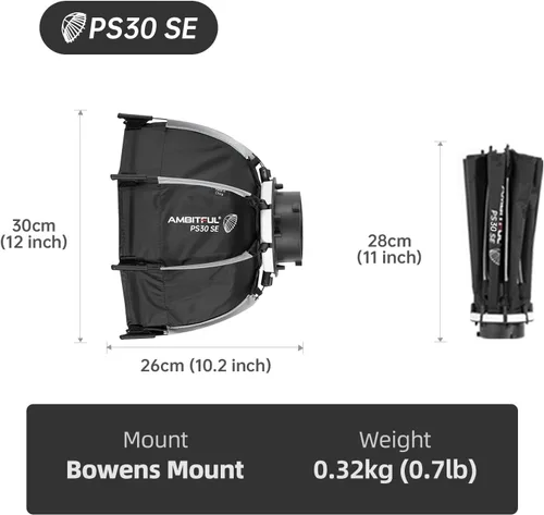 Vista 8 de AMBITFUL Mini Softbox de 11.8"/30cm de Liberación Rápida y Plegable con Montura Bowens y Soporte para Speedlight, Compatible con Luz de Video LED