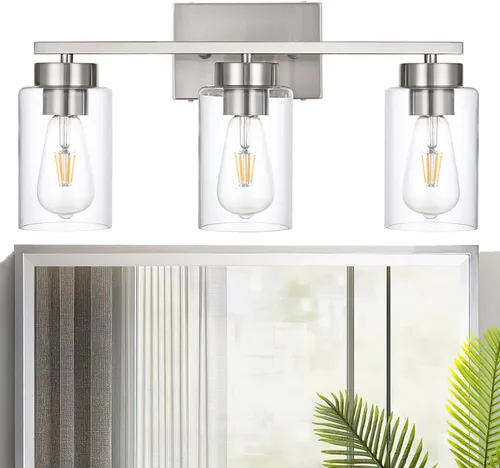 Vista 18 de Lámpara de tocador de baño de 3 luces, modernas luces de pared negras con pantallas de vidrio transparente, lámpara de pared de baño para espejo 3