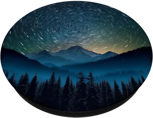 Vista 2 de PopGrip intercambiable con PopSockets de cielo lunar y galaxia azul en bosque de montaña
