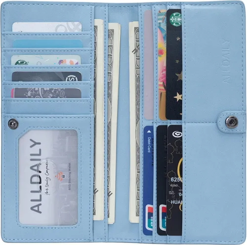 Vista 2 de Alldaily Billetera de cuero ultrafina para mujer, con bloqueo RFID, tarjetero de crédito, plegable, larga, Azul claro