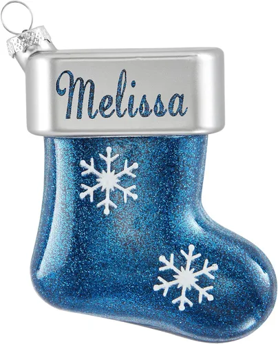 Vista 10 de Let's Make Memories Adorno de Navidad personalizado, cristal con forma de calcetín con purpurina, nombre grabado con láser, tono de joya, adorno