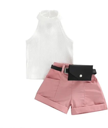 Vista 128 de TheFound Trajes de verano para niñas pequeñas, sin mangas, de punto acanalado, halter, pantalones cortos, ropa para recién nacidos, conjunto de 3