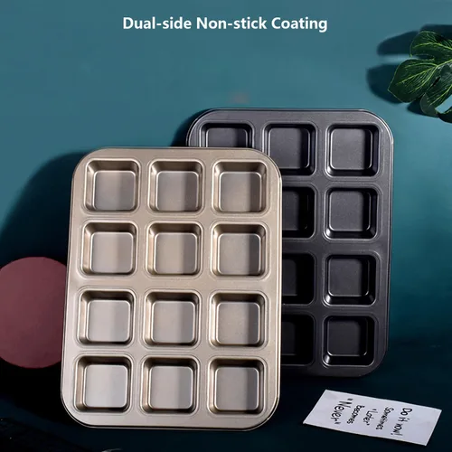 Vista 3 de Mini molde para pan de 8 cavidades de acero al carbono, bandeja antiadherente para hornear pan, diseño de una sola pieza (negro, 12 cavidades)