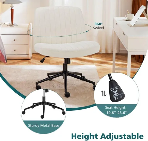Vista 5 de Silla cruzada con ruedas, asiento ergonómico giratorio sin brazos, cómodo asiento de tocador, respaldo ancho y altura ajustable para hogar, oficina