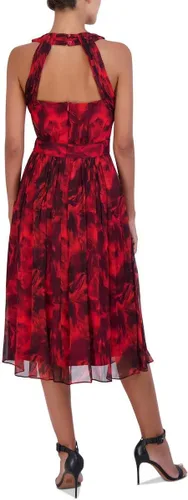 Vista 2 de BCBGMAXAZRIA Vestido midi sin mangas y acampanado para mujer, cuello halter, falda fruncida