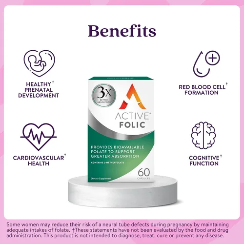 Vista 3 de Suplemento activo de ácido fólico, 400 mcg, apoya el embarazo, desarrollo fetal, combate el cansancio, la fatiga, la máxima absorción