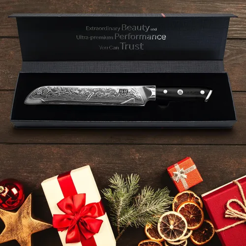 Vista 7 de Cuchillo de pan SHAN ZU de 8 pulgadas, cuchillo japonés de acero de Damasco con hoja ondulada serrada, cuchillo profesional afilado de acero super