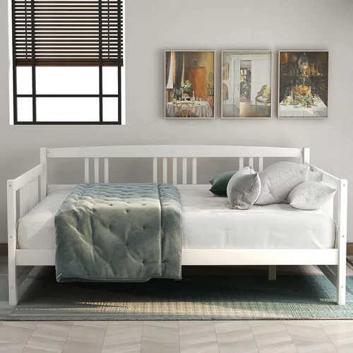 Vista 20 de P PURLOVE Sofá cama individual de madera con rieles, cama individual, listones de madera que soportan la vida moderna, individual, espresso