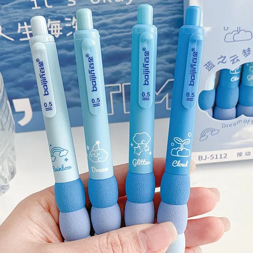 Vista 3 de MOZXIRZ 4 bolígrafos de gel estéticos retráctiles azules, de agarre suave, bolígrafo de tinta negra kawaii para oficina, escuela, suministros
