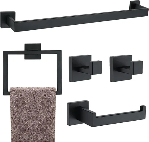 Vista 11 de Juego de 5 piezas de accesorios de ferretería para baño en negro mate, juego de toalleros cuadrados de 16 pulgadas para baño, juego de barras