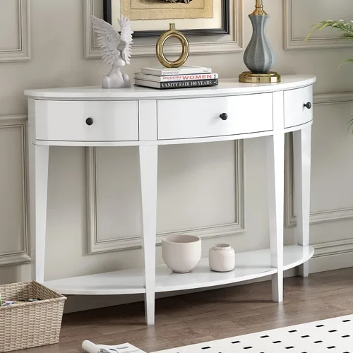 Vista 12 de Polibi Mesa consola Half Moon, mesa de entrada con cajón y estante, patas ajustables, diseño rústico vintage, mesa de sofá para entrada, sala