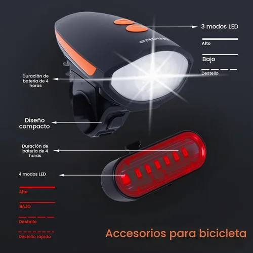 Vista 2 de Kunhe Rechargeable Bicycle Front and Rear Lights with Horn 1200mah Battery 120dB Bicycle Bell 150 lumens 3 Light Modes 5 Horn Modes Suitable for