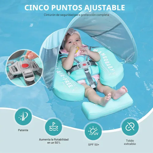Vista 5 de Mambobaby Flotador de piscina para bebé con toldo extraíble – Flotador de natación infantil no inflable con diseño de cola antideslizante