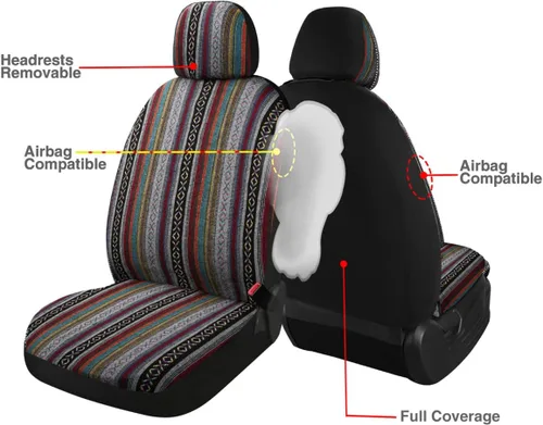 Vista 3 de Baja Saddle Blanket - Fundas de asiento de automóvil, 4 piezas delanteras, transpirables y lavables, tejido a rayas, funda de asiento universal