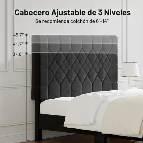 Vista 4 de Novilla - Base de cama Queen con cabecero, base de cama tamaño Queen con soporte de listones de madera, cabecero tapizado de terciopelo con puntos