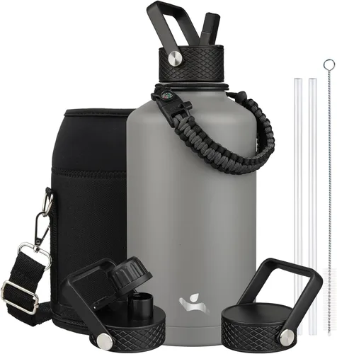 Vista 29 de Konokyo - Botella de agua aislada de 18 onzas, botellas deportivas de acero inoxidable con 3 tapas, verde militar