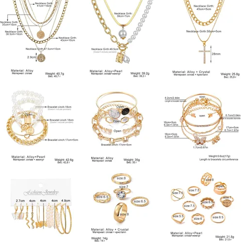 Vista 7 de KISS WIFE Christmas Golden Jewelry Set for Women with Multi Layered Necklaces, Stackable Bracelets, Knuckle Rings, Hoop Earrings, Fashion Outfit