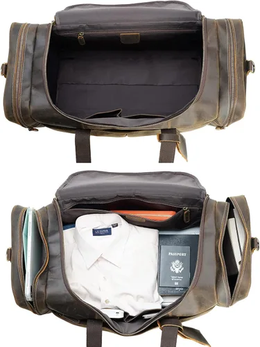 Vista 5 de Polare - Bolsa de lona de cuero de grano completo para hombre, de 24 pulgadas, para viajes, gimnasio, deportes, fin de semana, grande, Marrón, Retro