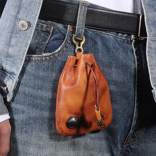 Vista 4 de Monedero medieval de piel auténtica, organizador de monedas, soporte para cambios, bolsa pequeña de cuero con cordón para hombres y mujeres, Marrón