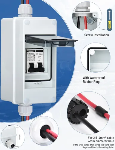 Vista 5 de DIHOOL Disyuntor miniatura de CA CC con caja DIN IP65, 15 amperios de doble polo 12V-400V, no polarizado, interruptor de desconexión del panel