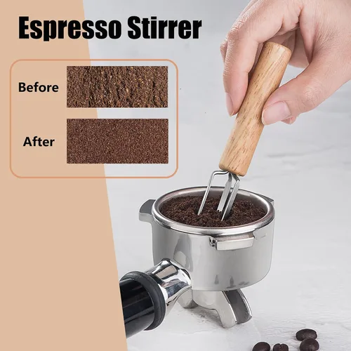 Vista 5 de Kit de accesorios para distribuidor de manipulación de espresso, estación de tampón de filtro de café de madera con cepillo de café, distribuidor