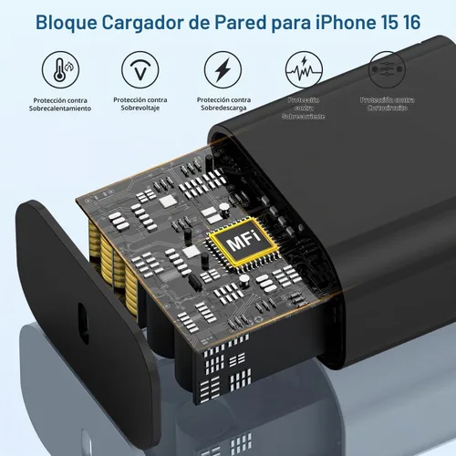 Vista 3 de Cargador de iPhone de carga rápida, enchufe de bloque de cargador de pared tipo C y cable USB C a Lightning de 10 pies de largo, caja de ladrillos