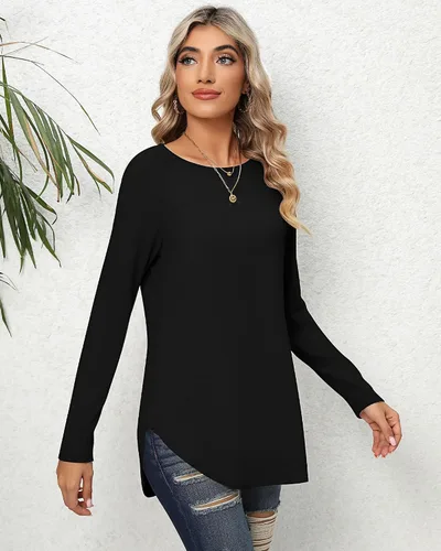 Vista 9 de Ficerd 2 Pack Women's Long Sleeve Shirts, Loose Fit Crew Neck Tunic Tops Loose Fit Side Split Basic Pullover Tee Shirts