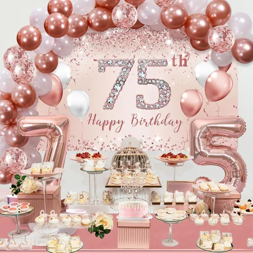Vista 5 de Juego de arco de globos de decoración de cumpleaños número 75 de oro rosa para mujer 75th Birthday Banner and Party Tablecloth, Belt and Tiara