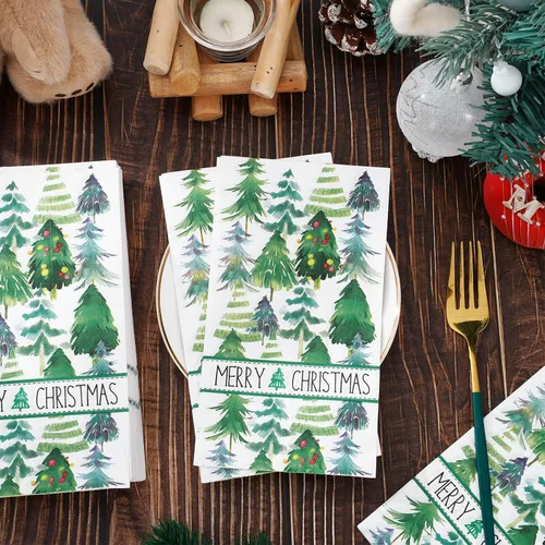 Vista 4 de Servilletas de Navidad para invitados de Navidad, árbol de Navidad, servilletas de papel desechables de 3 capas de acuarela verde para cena